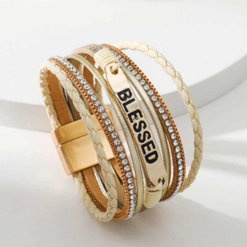 Blessed Rhinestone Leather Layered Bracelet - Picture 3 of 6